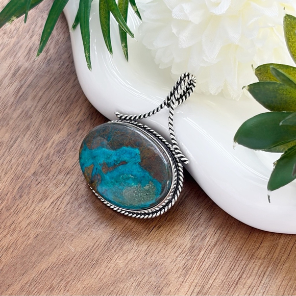 Blue Chrysocolla Pendant Chunky Boho Southwest New 925 Sterling Silver Overlay - Picture 3 of 6
